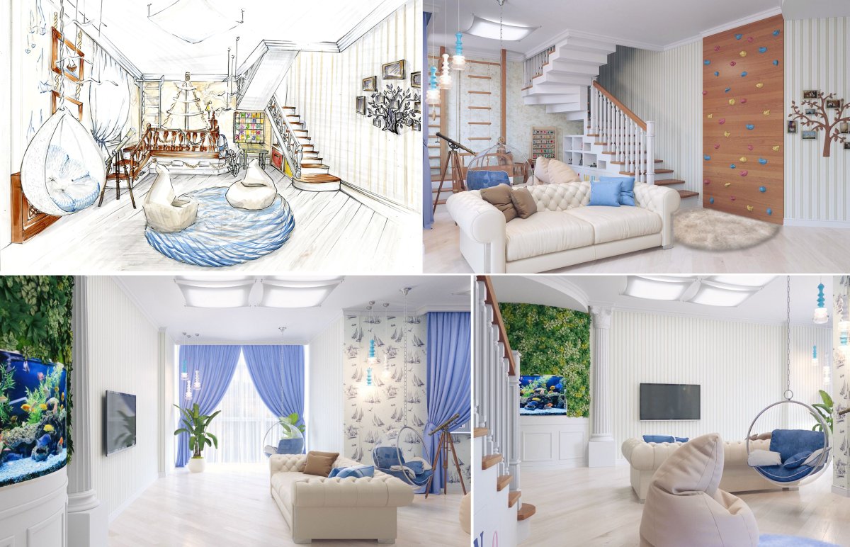 Интерьер в морском стиле с большими панорамными