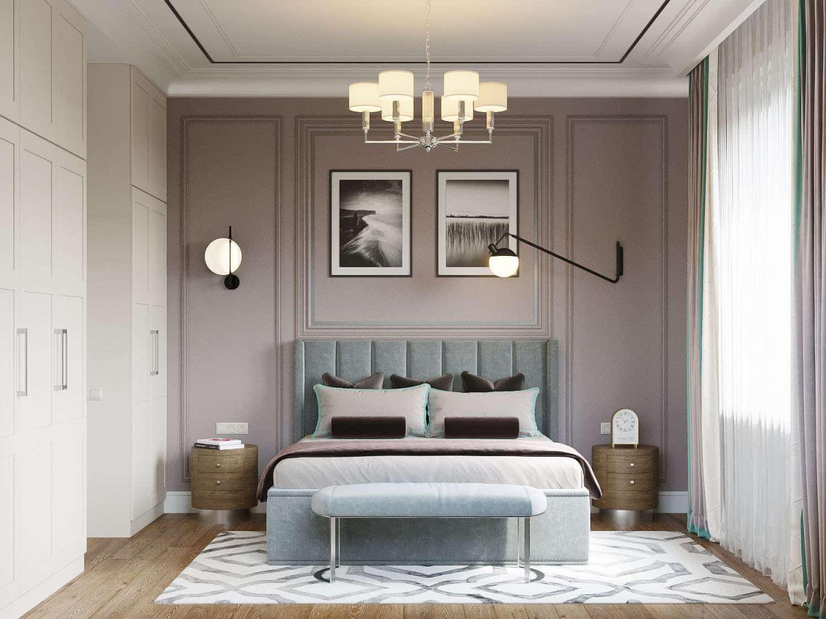 Интерьер мужской спальни в пастельных тонах