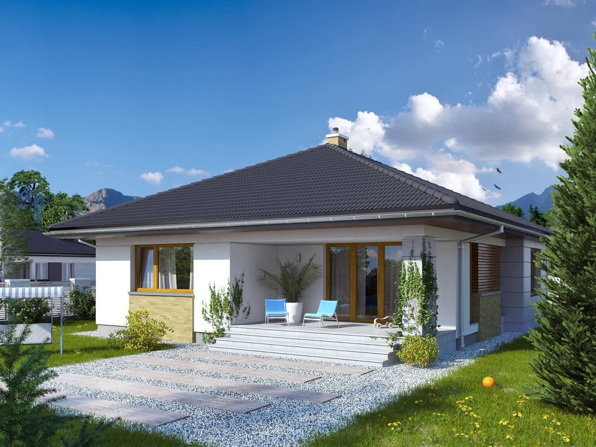 Одноэтажный дом с белым фасадом