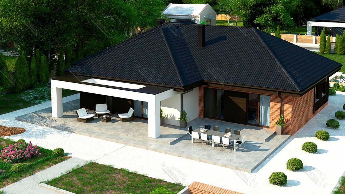 Одноэтажный дом с беседкой