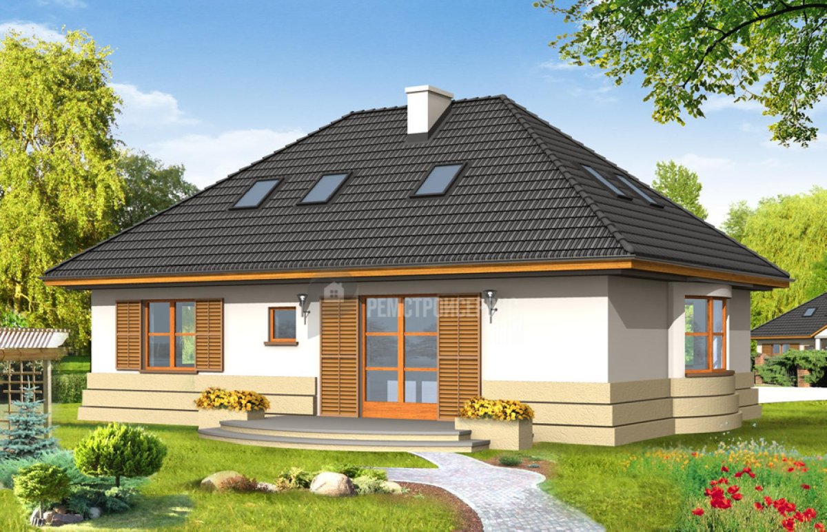 Одноэтажный дом с двускатной крышей и террасой