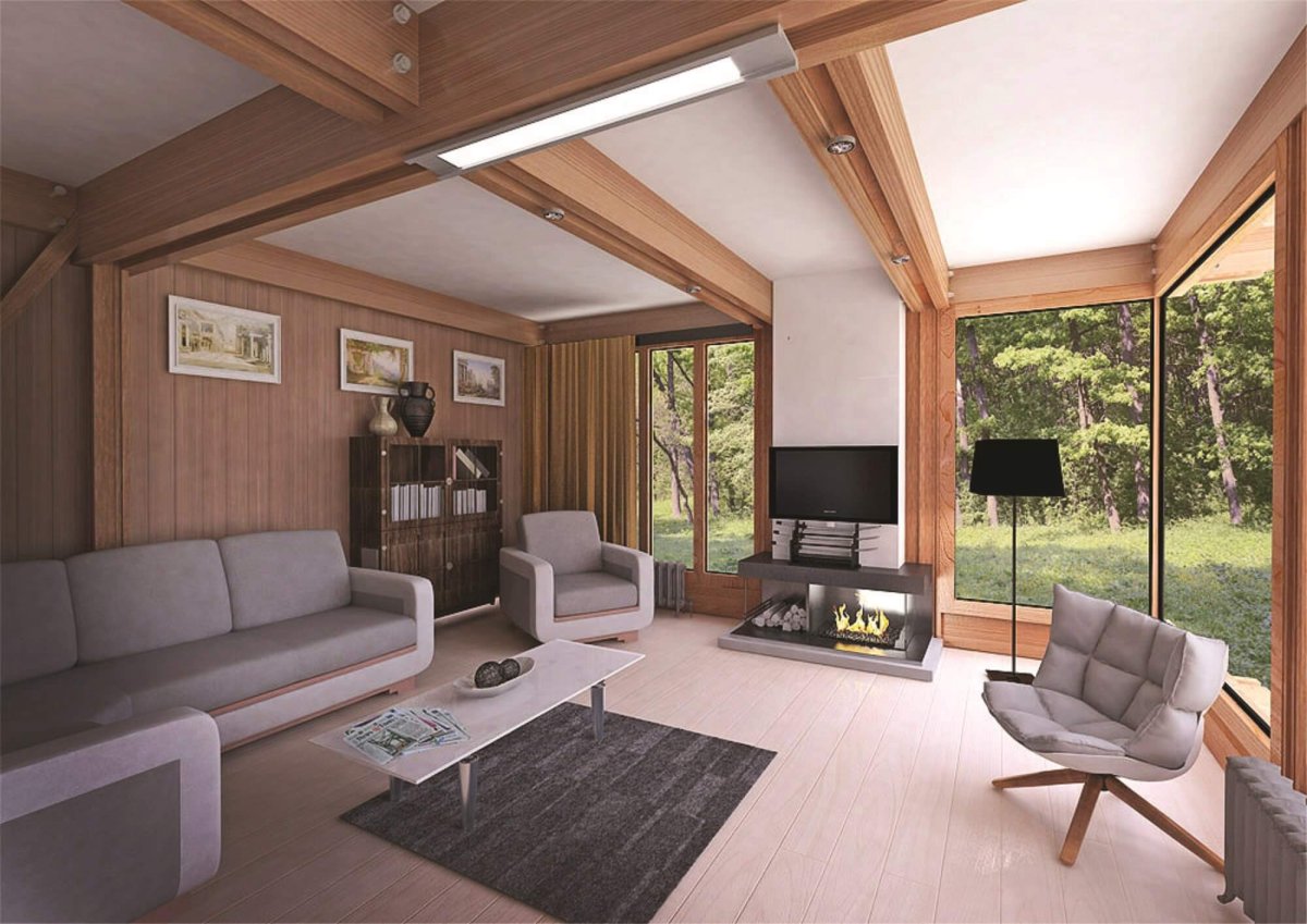 Одноэтажный белый дом с четырехскатной крышей