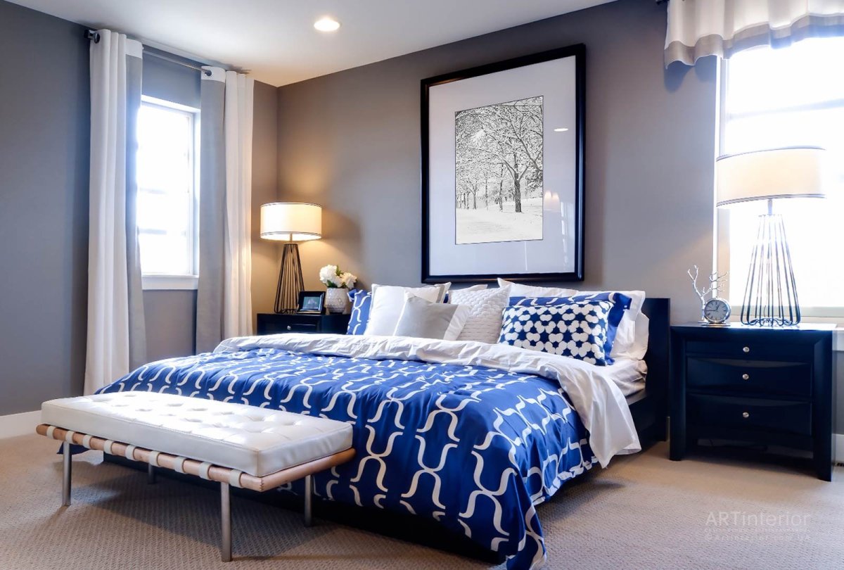 Серо голубая спальня