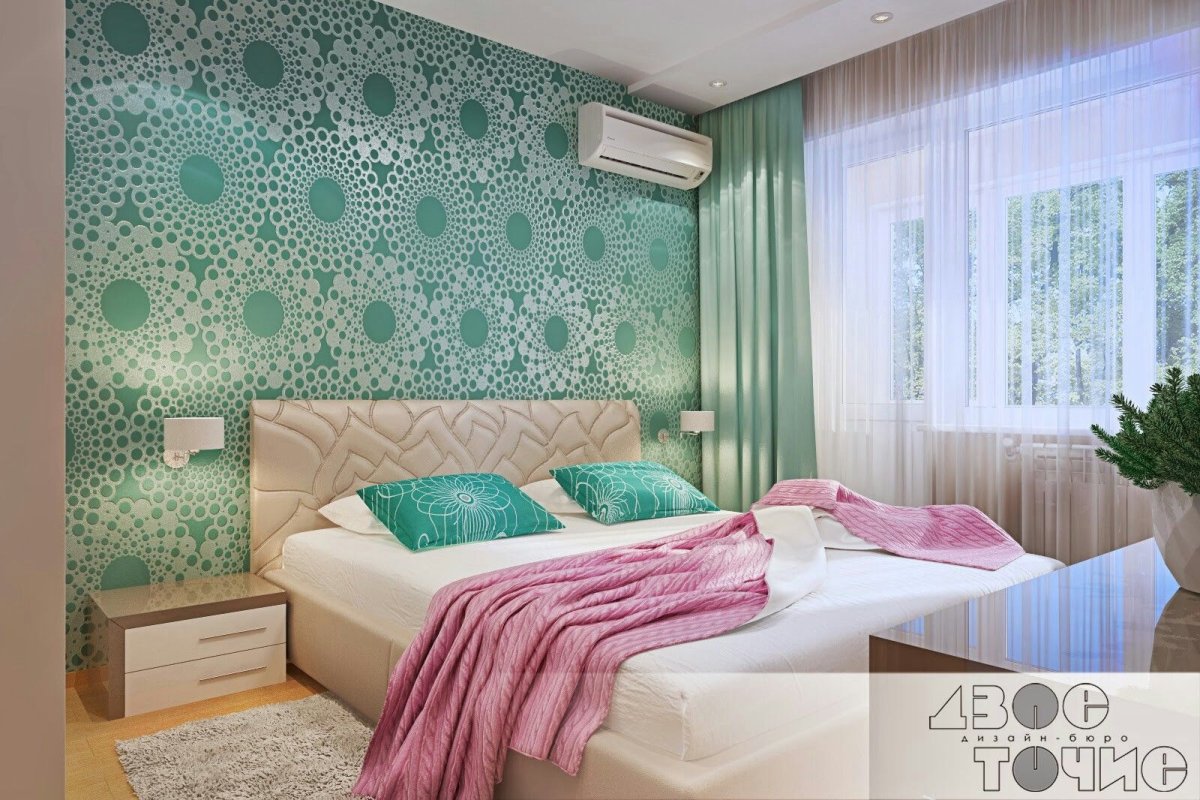 Бирюзовые обои в спальне комбинированные с розовым
