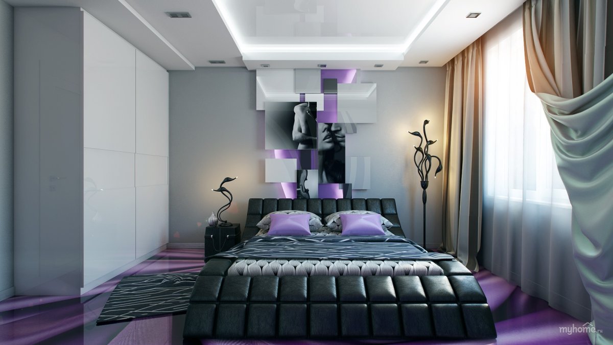 Спальня в сиреневых тонах хайтек
