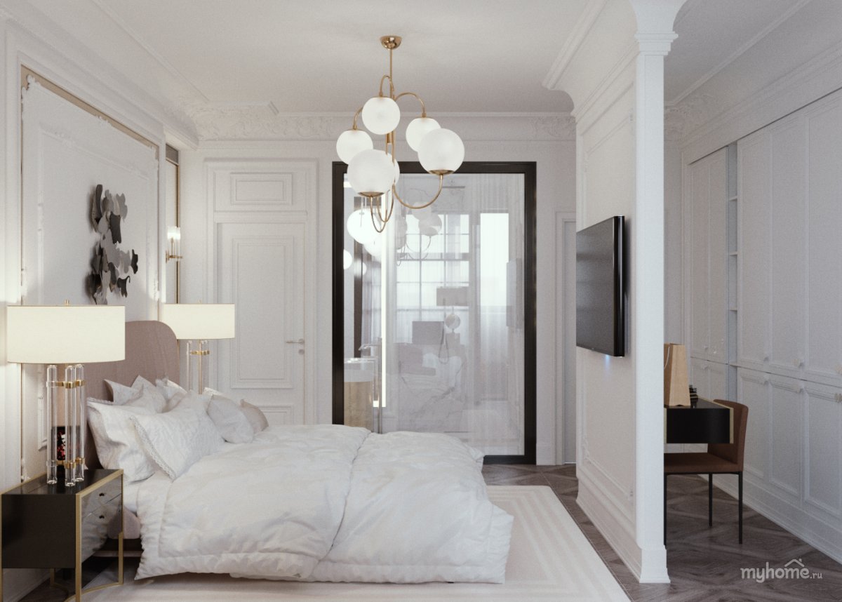 Спальня в неоклассическом стиле с темными акцентами