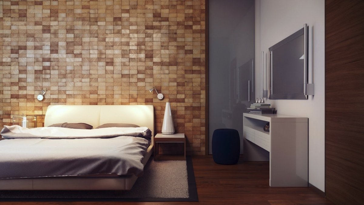 Деревянная мозайка в интерьере спальни