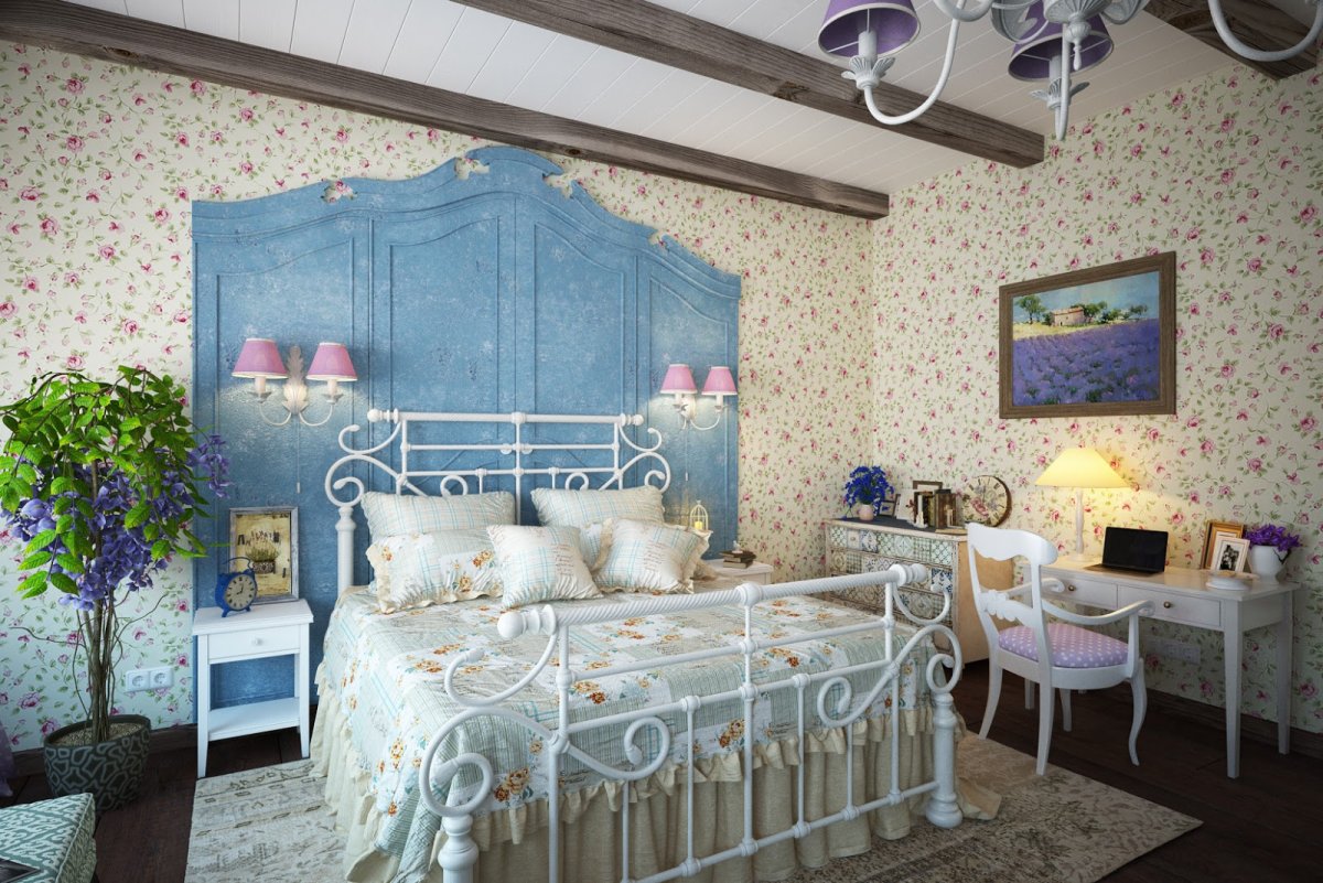 Спальня в мелкий цветочек голубые