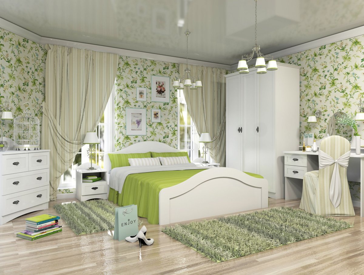 Спальня в бело зеленых тонах