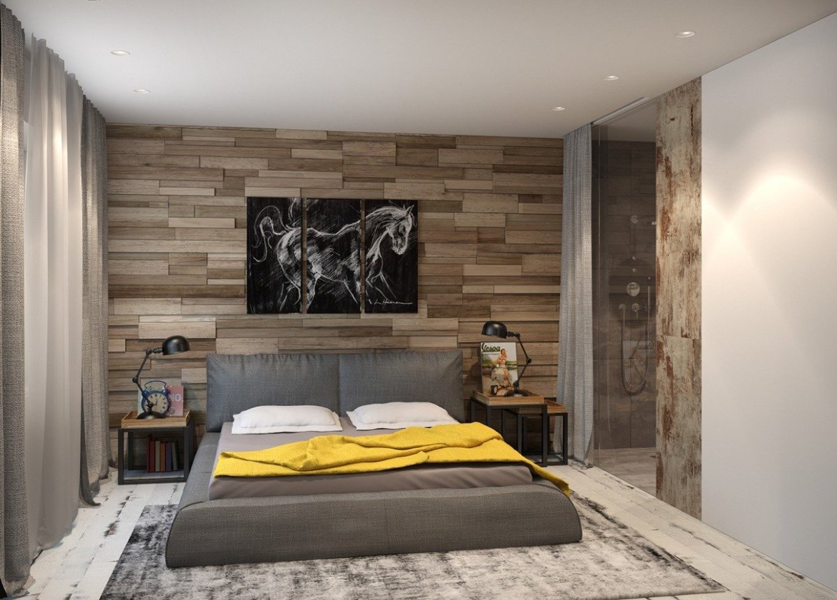 Спальня серая с деревом