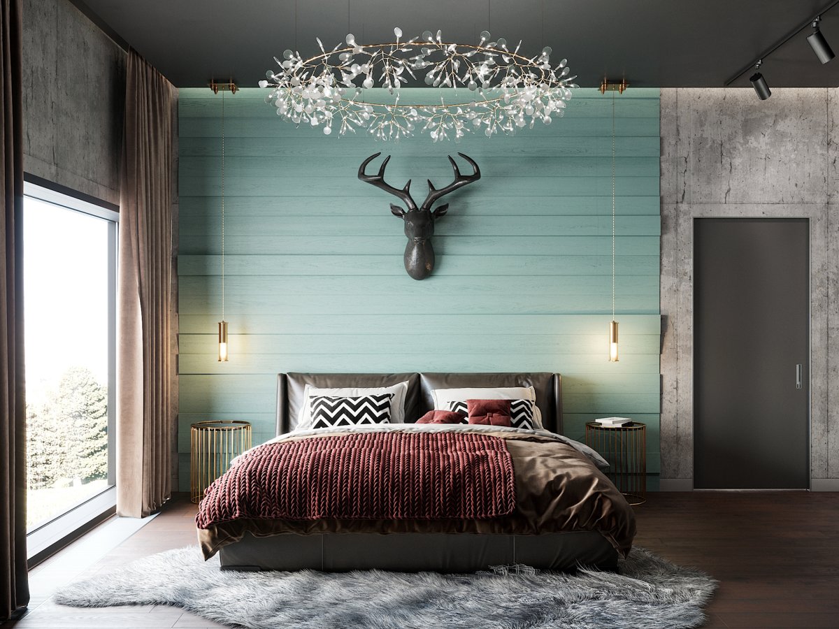 Спальня в сером цвете с белым мебелем