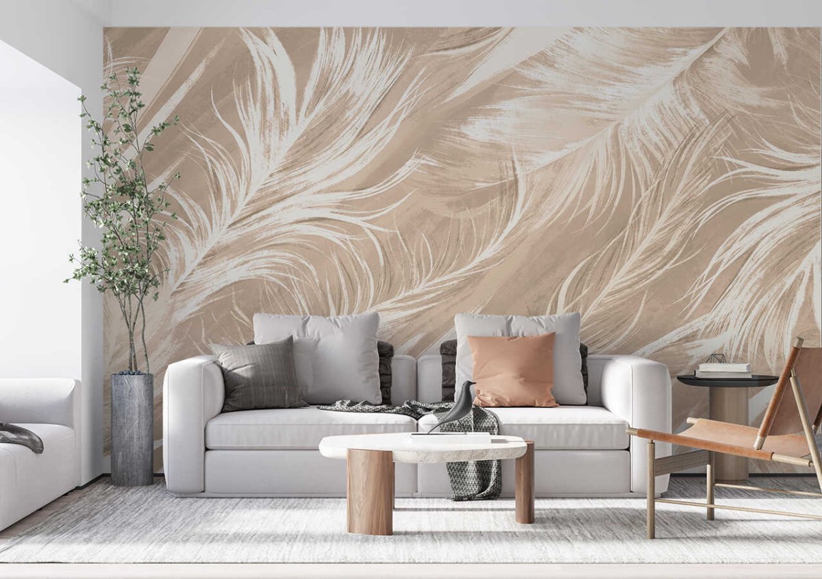 Фреска перья в интерьере спальни