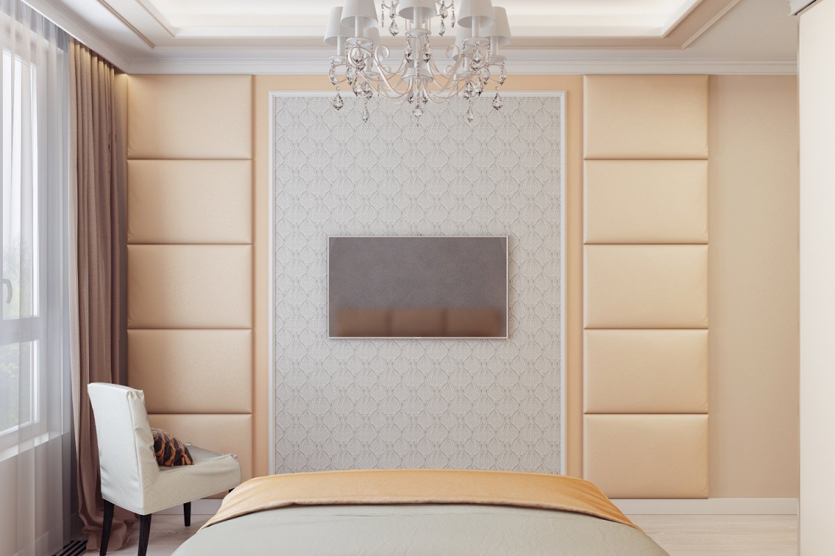 Мягкие панели для стен в спальню между шкафами