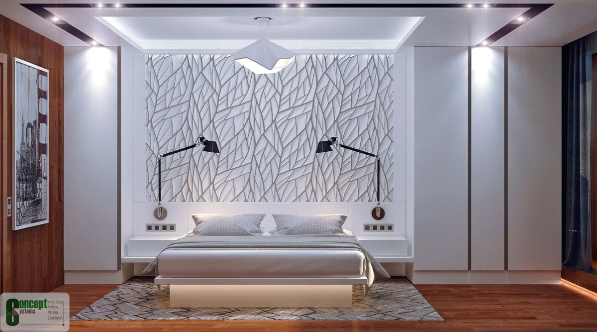 Спальня со светлыми 3д панелями