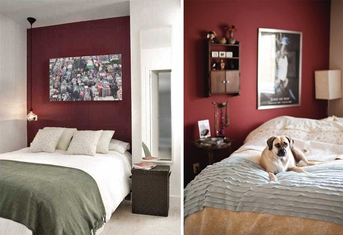 Бордовые обои в спальне