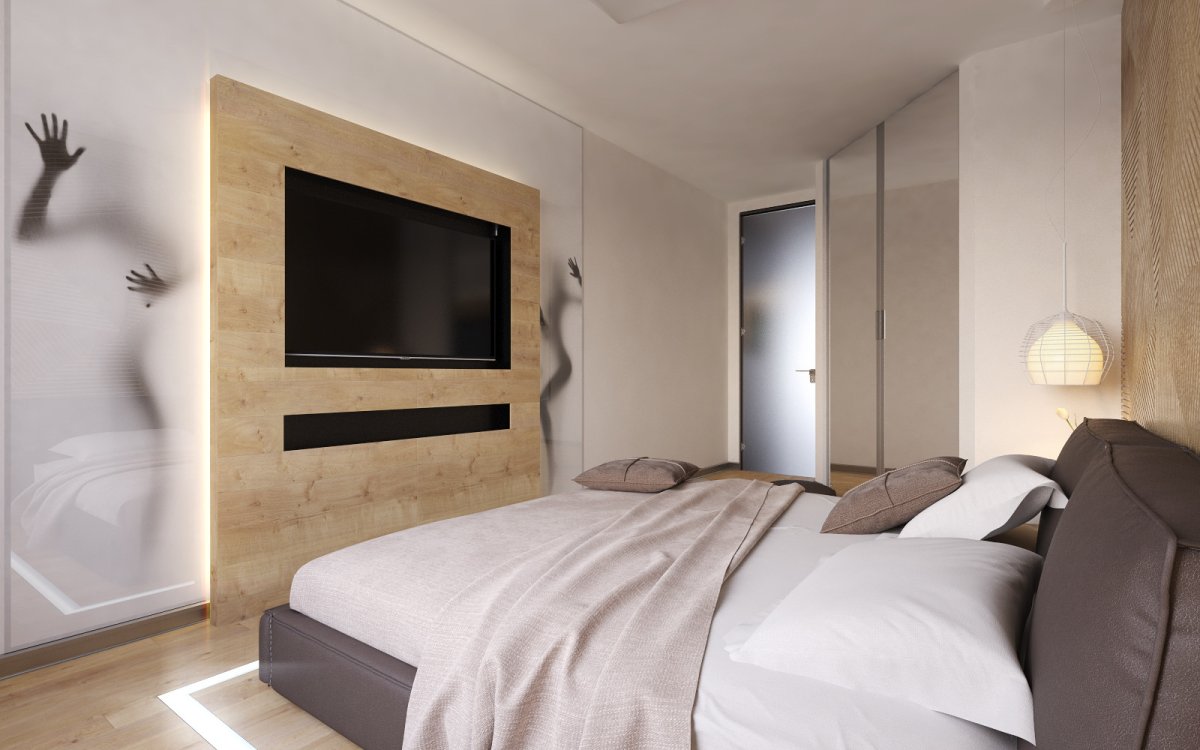 Стена из дерева в спальне