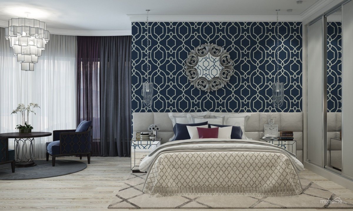 Голубая спальня в стиле арт деко