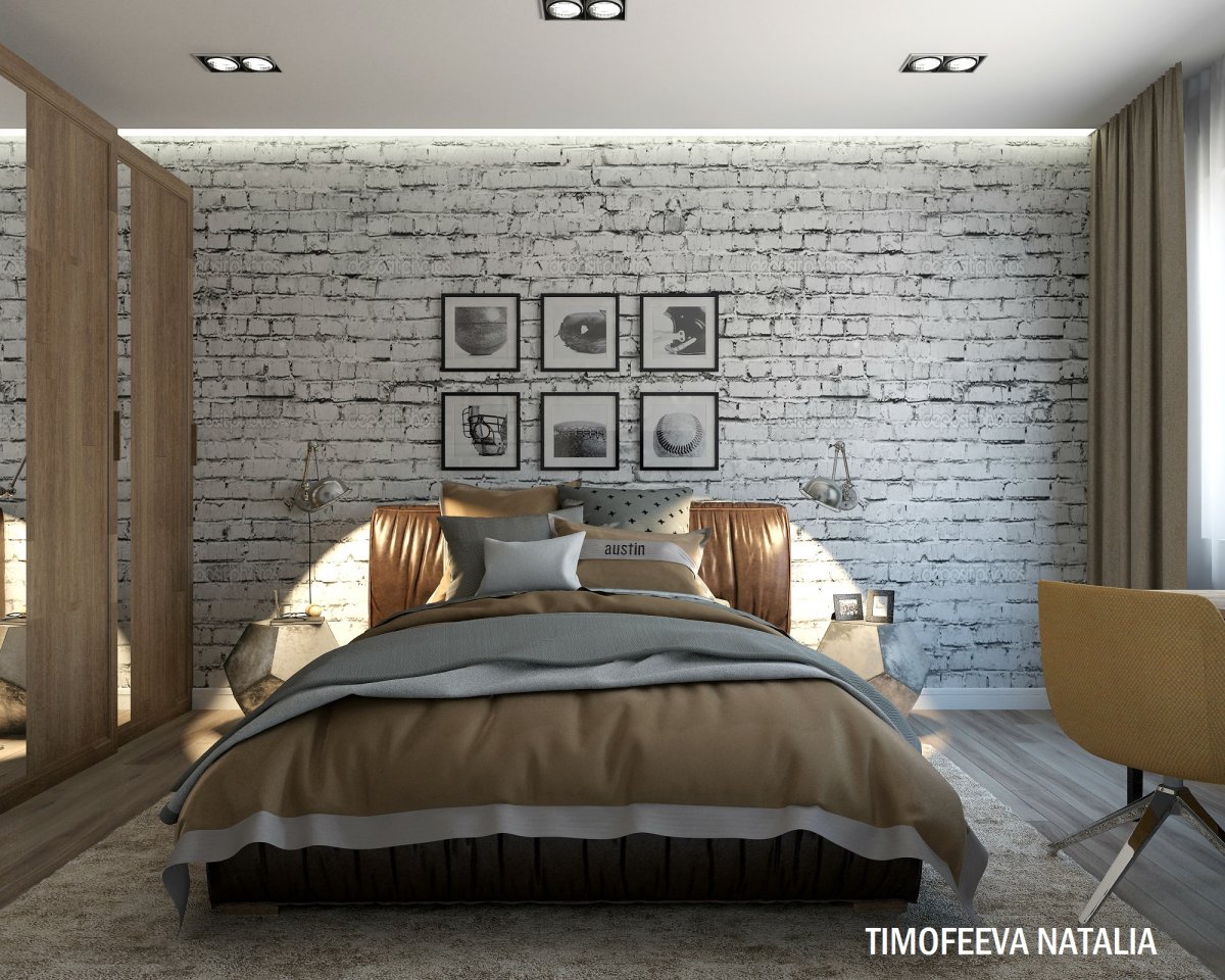 Кирпичная стена в спальне