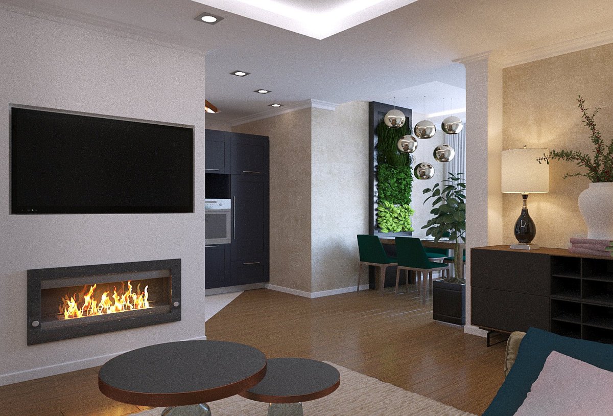 Камин в стене под телевизором