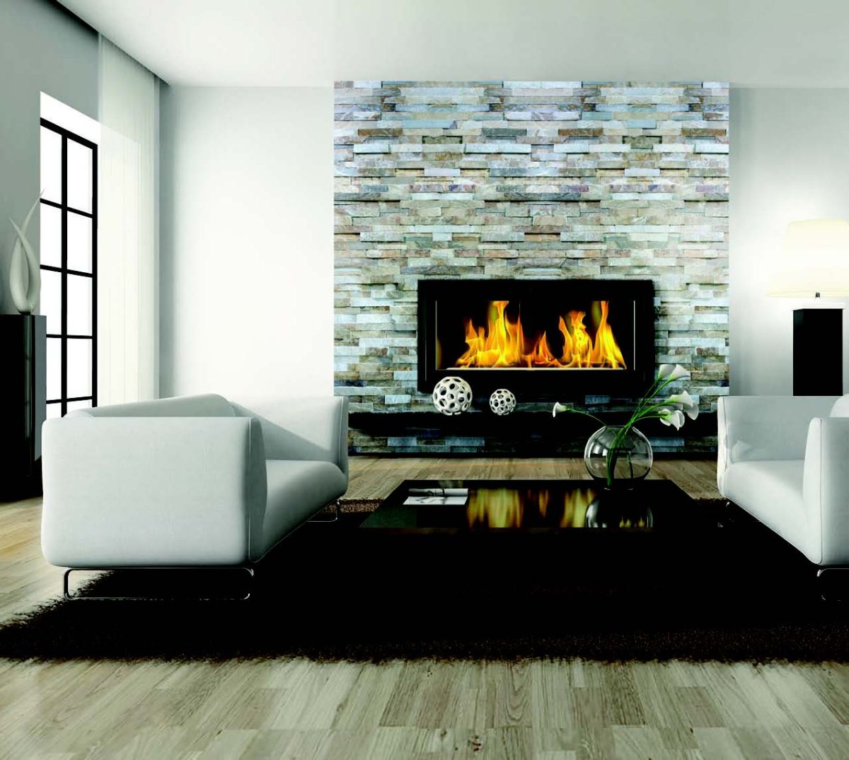 Стена с камином в сланце