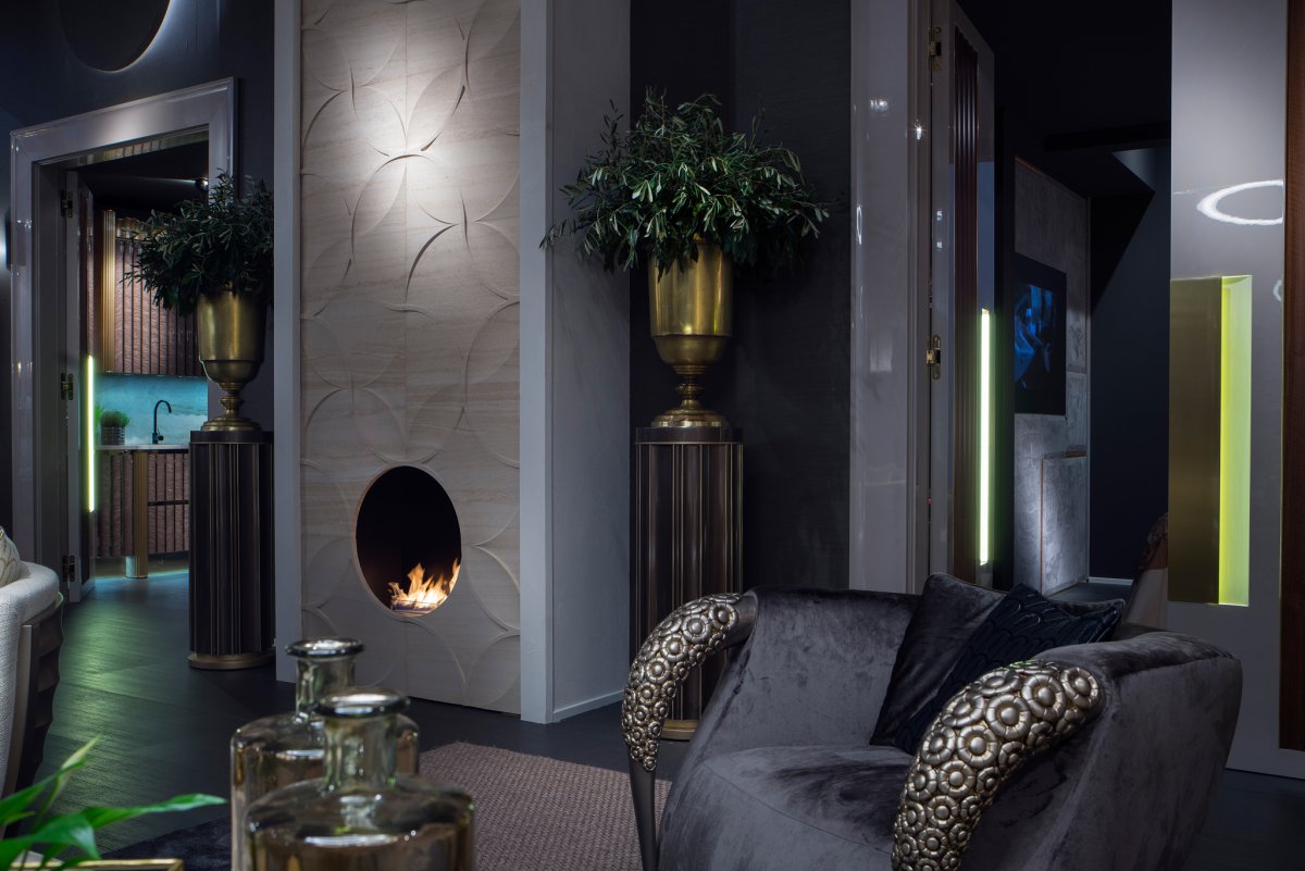 Встроенный биокамин в интерьере в современном стиле