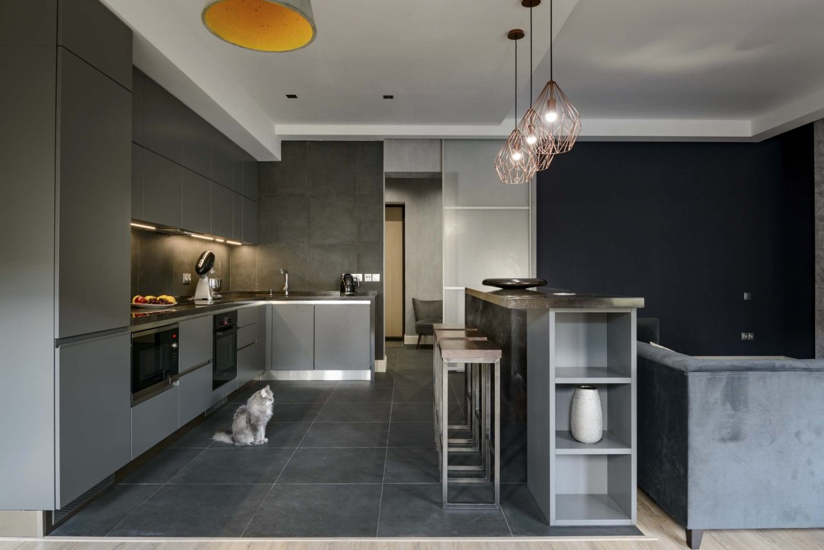 Серая гостиная совмещенная с кухней