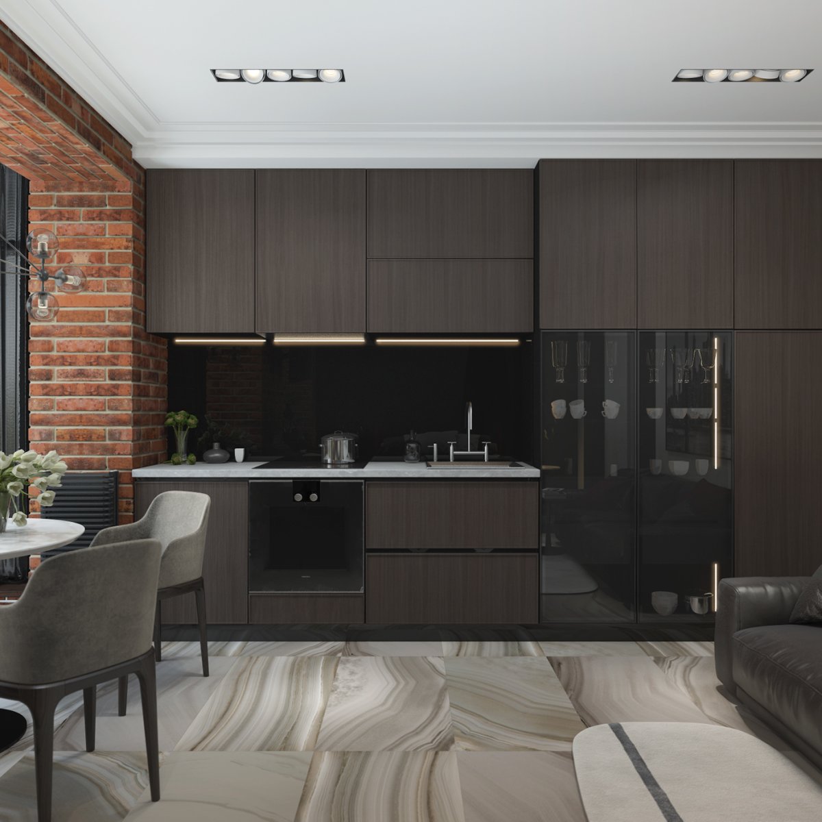 Серая кухня гостиная