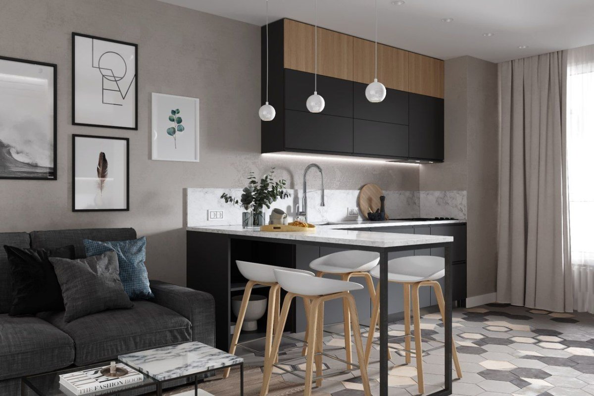 3д визуализация кухни гостиной