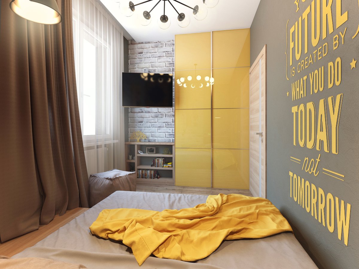 Желтые шторы в интерьере лофт