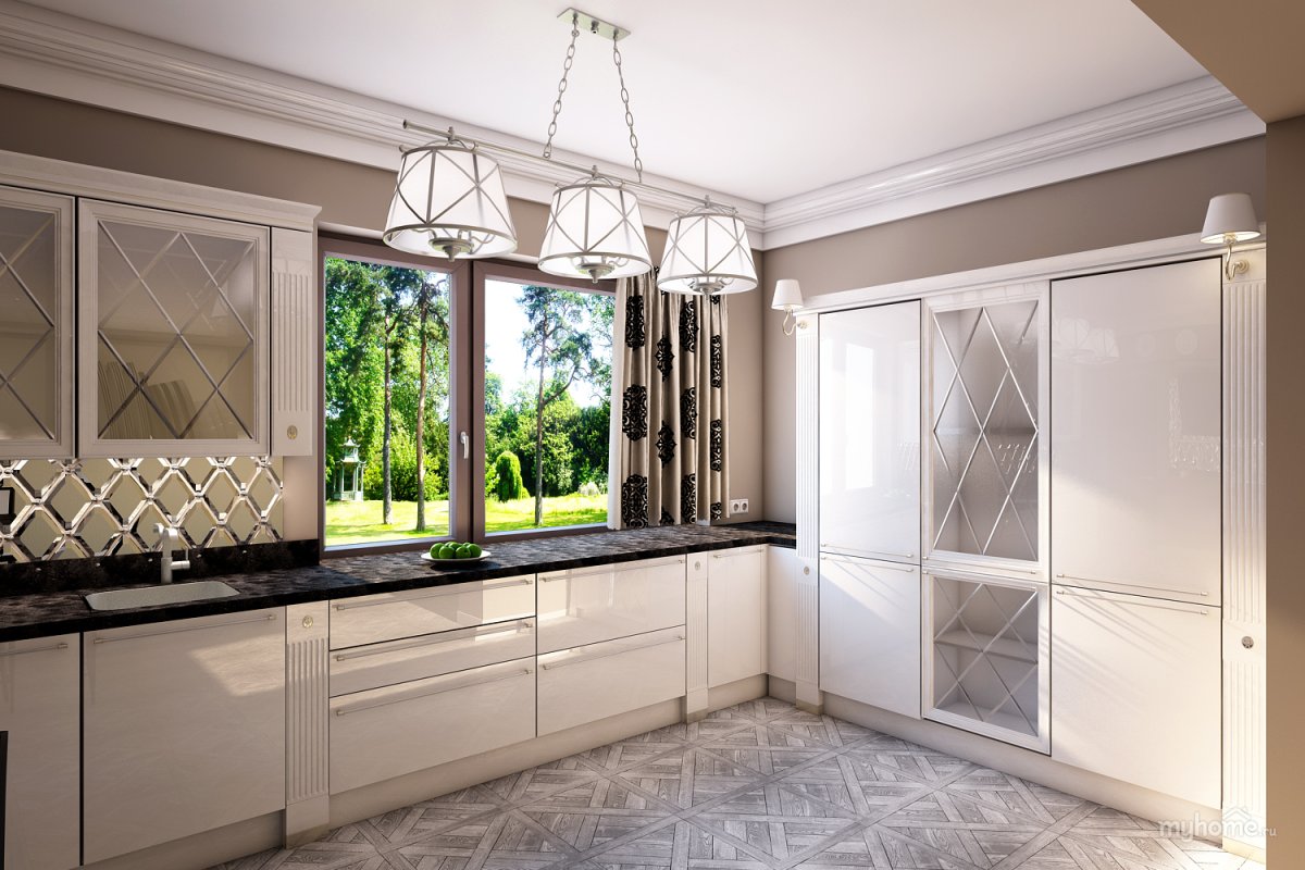 Кухня с зеркальными фасадами