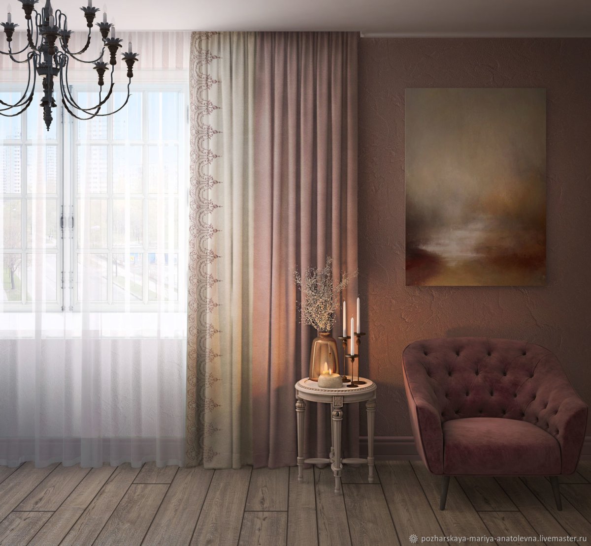 Розовые атласные шторы