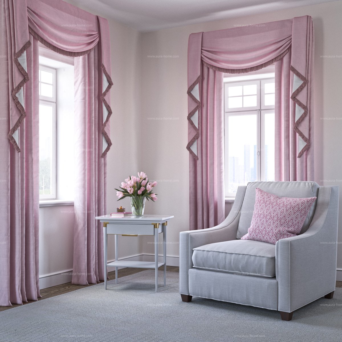 Шторы пыльно розовые и без