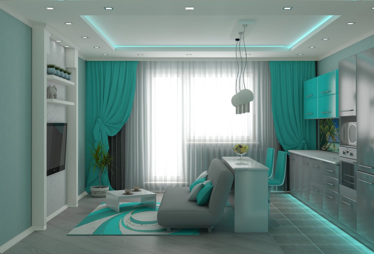 Белая кухня с бирюзовыми шторами