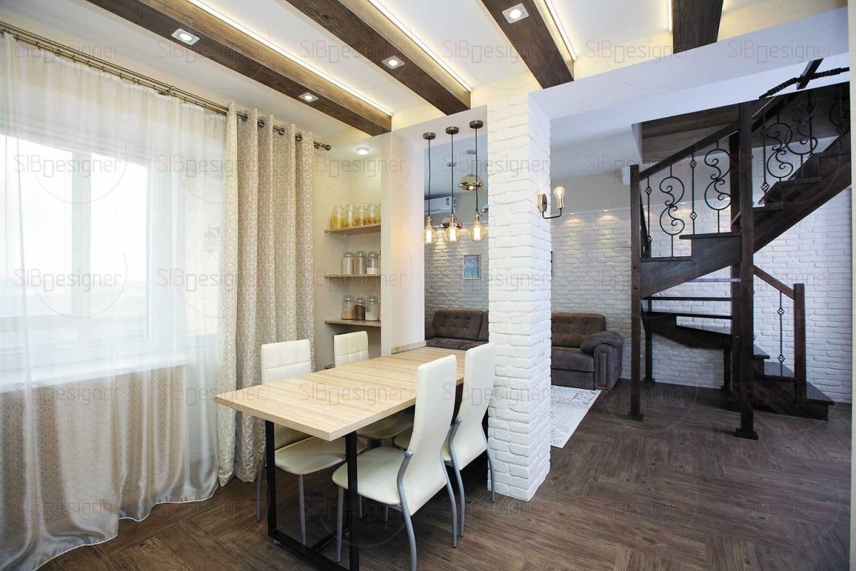 Интерьер зала с кухней