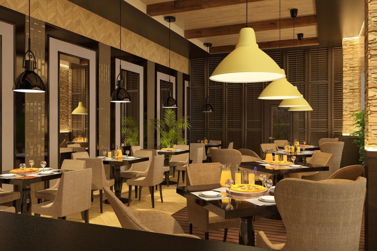 Интерьер пиццерии с открытой кухней