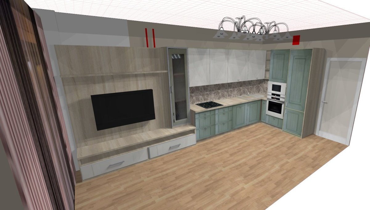 Угловая кухня с телевизором на стене