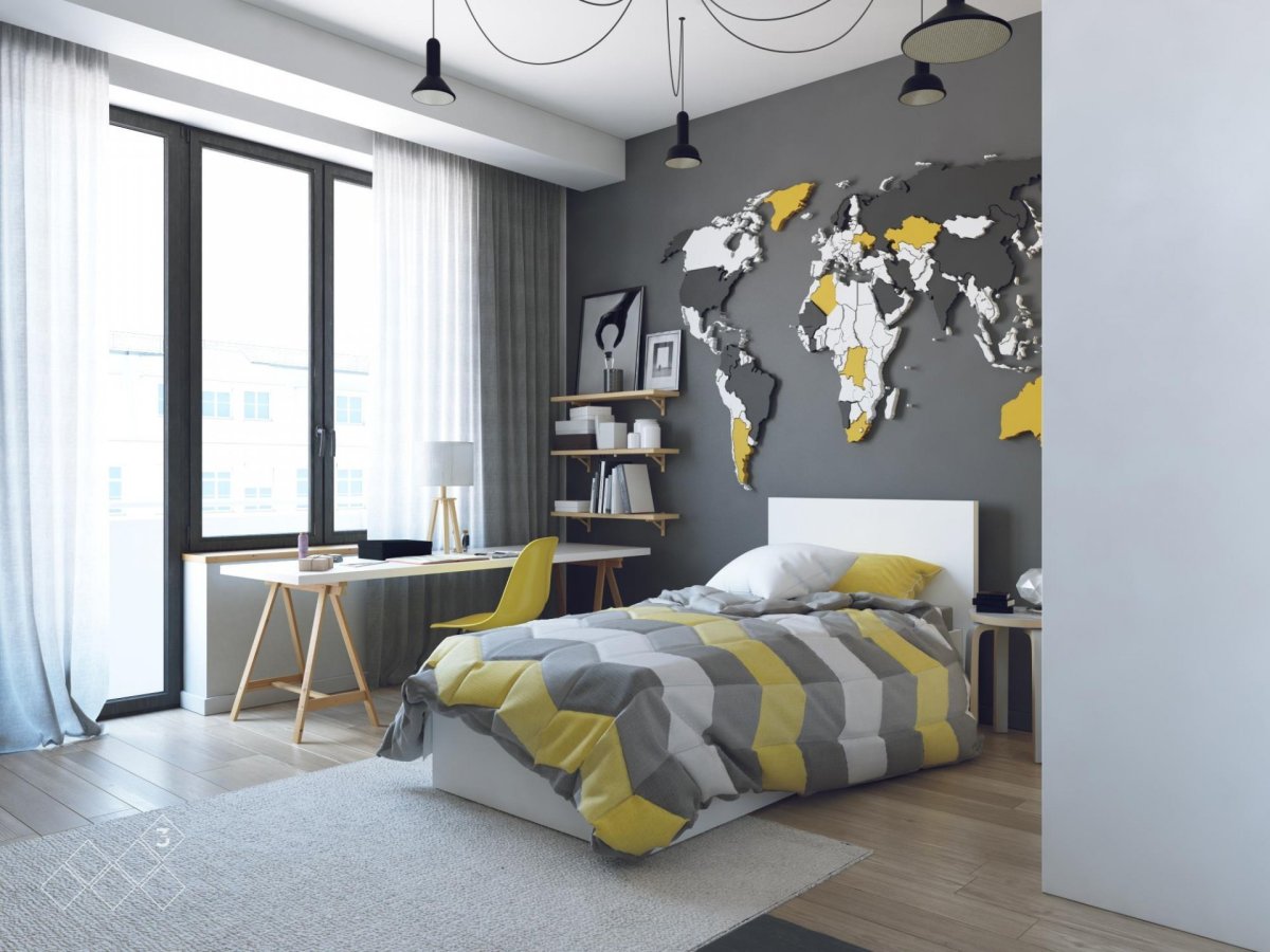 Желто серая спальня подростка