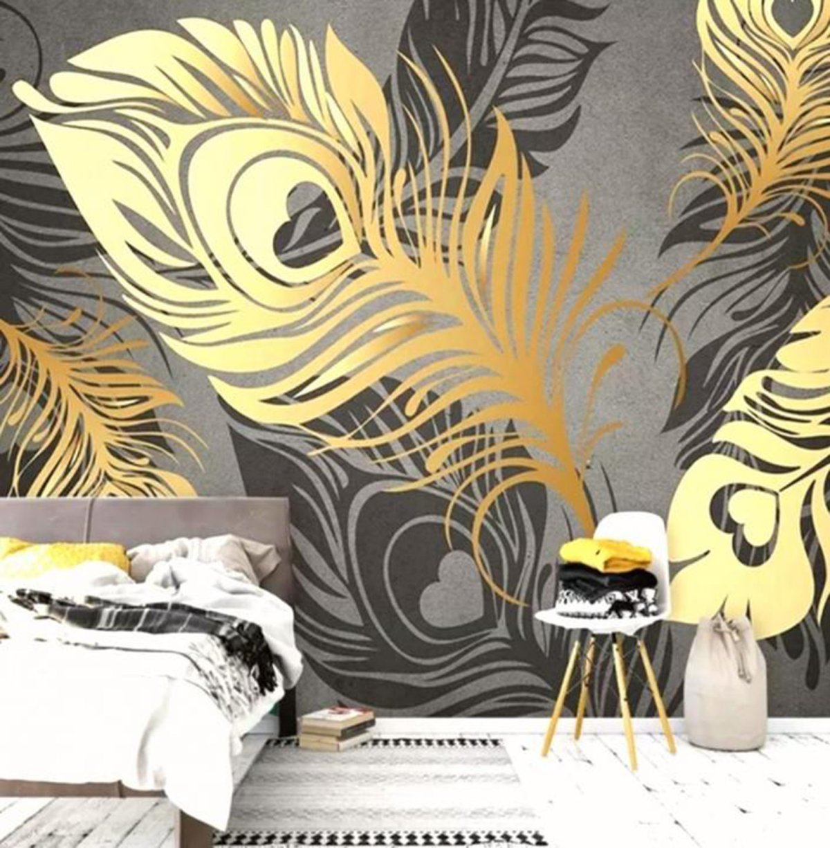 Обои с папоротником в интерьере спальни