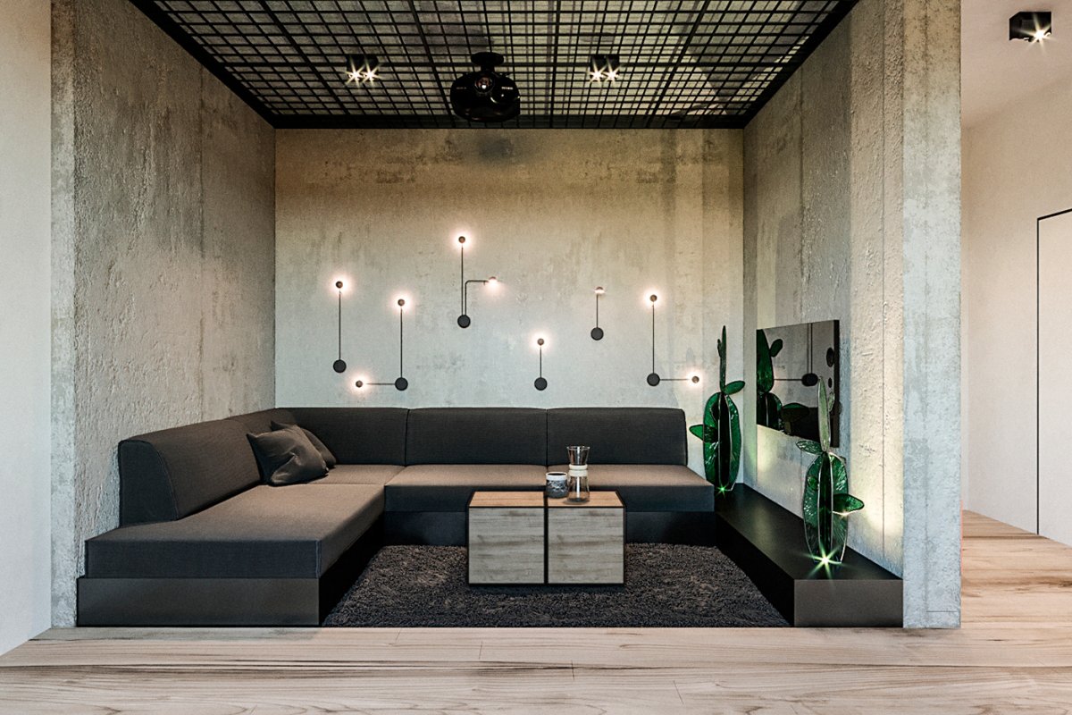 Гостиная с бетонной стеной