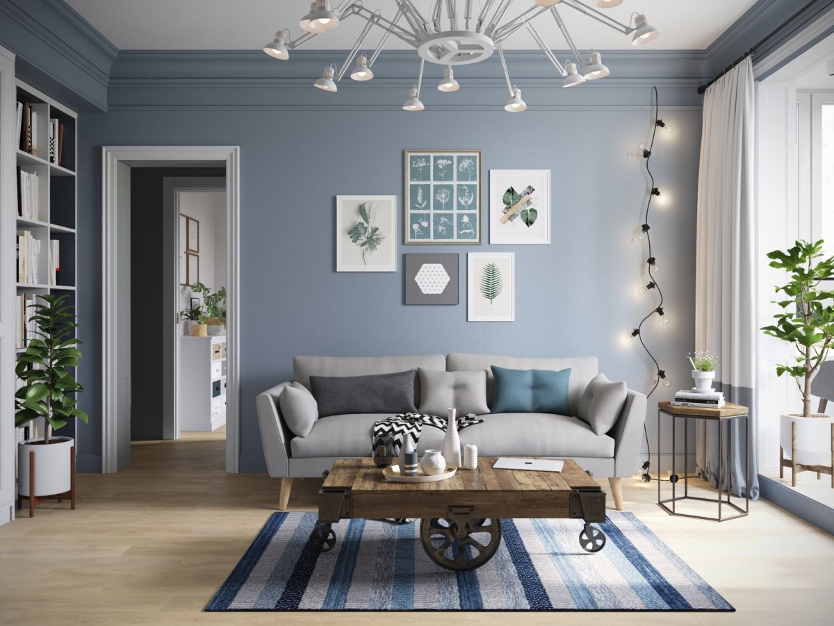 Голубые стены в гостиной