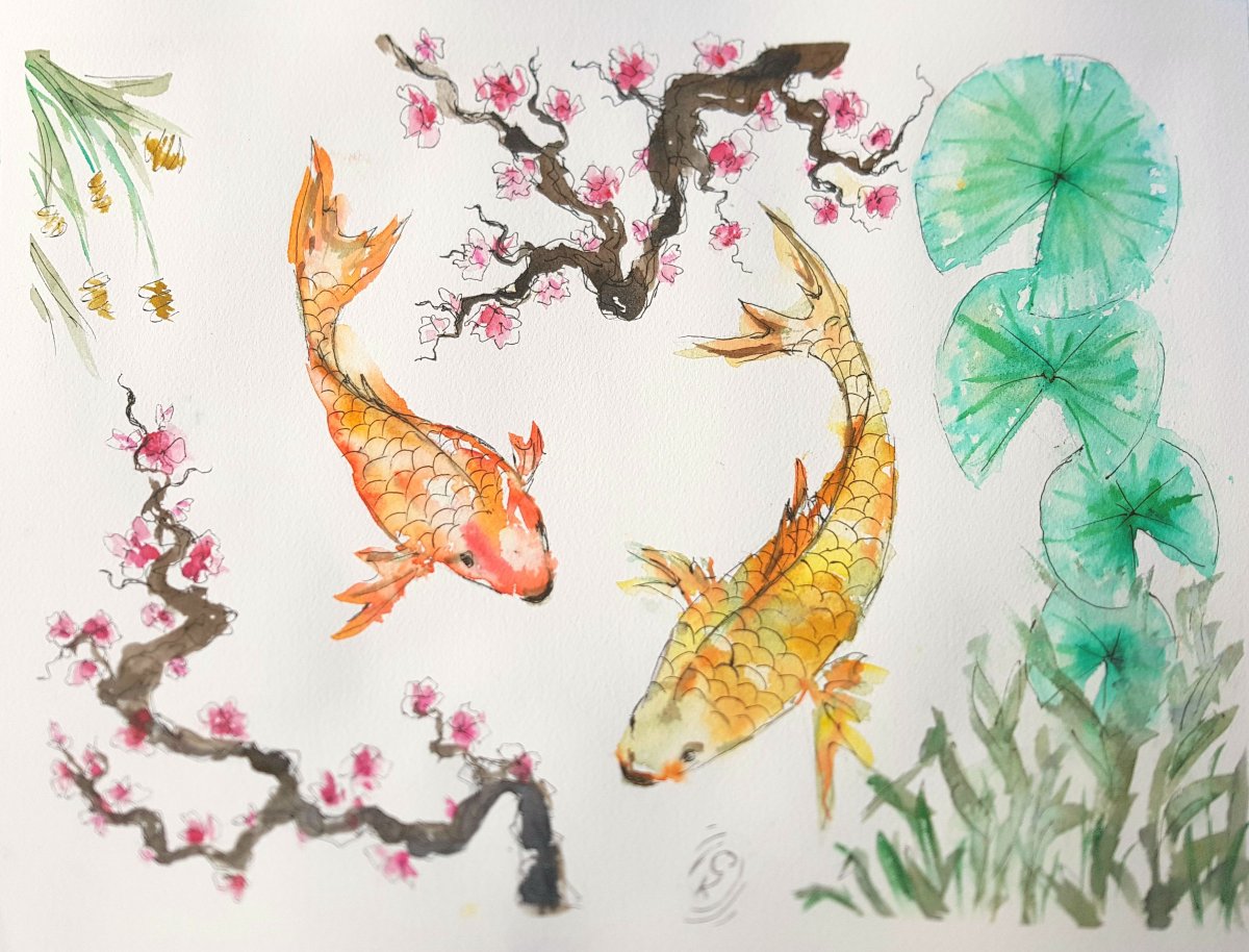 Китайские рыбки акварель