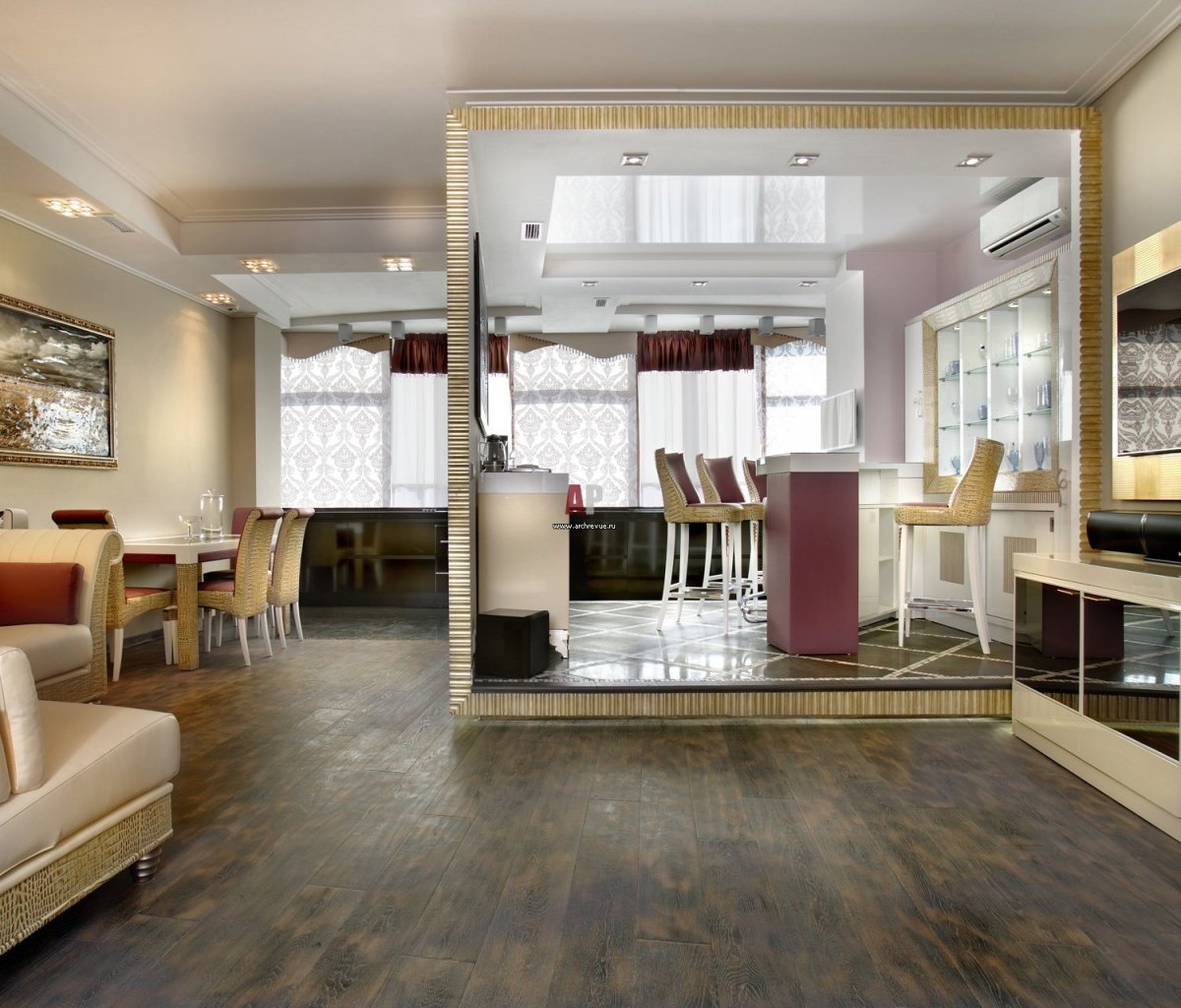 Кухня на подиуме с гостиной