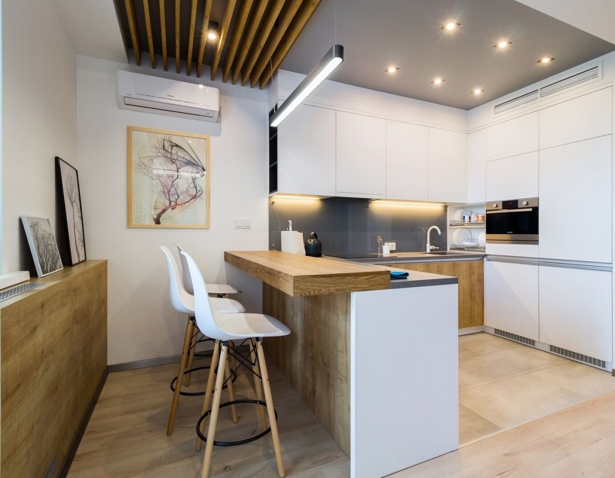 Кухня студия с барной стойкой