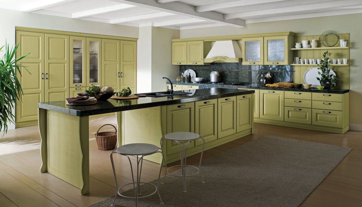 Интерьер кухни олива-фисташка
