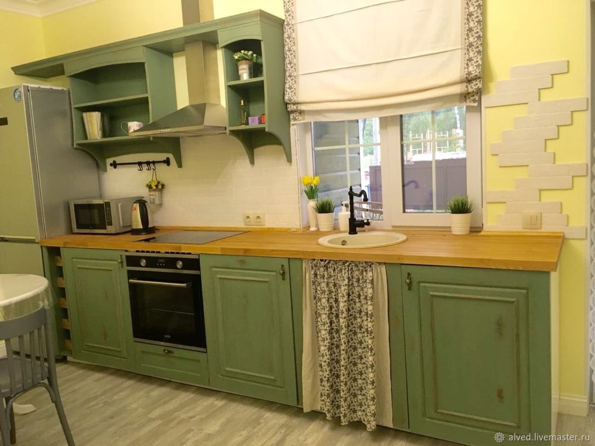 Интерьер кухни олива-фисташка