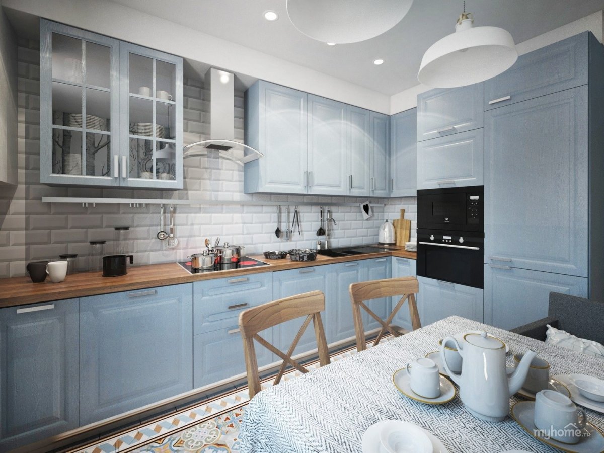 Бело синяя кухня с деревянной столешницей