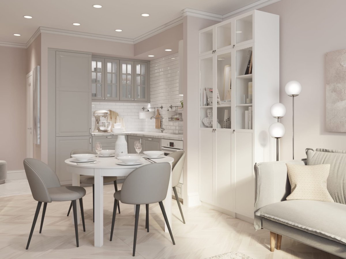 Гостиная в классическом стиле в пудровых