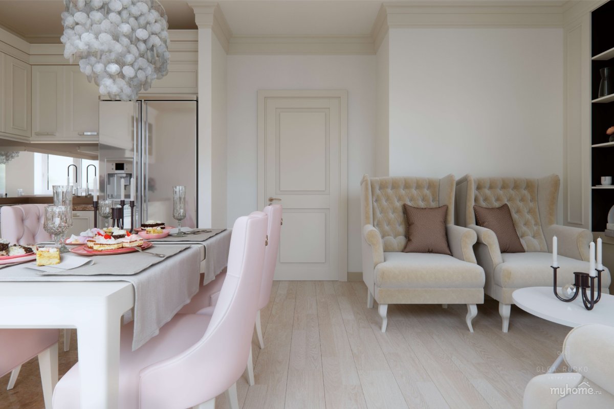 Кухня гостиная в персиковых оттенках