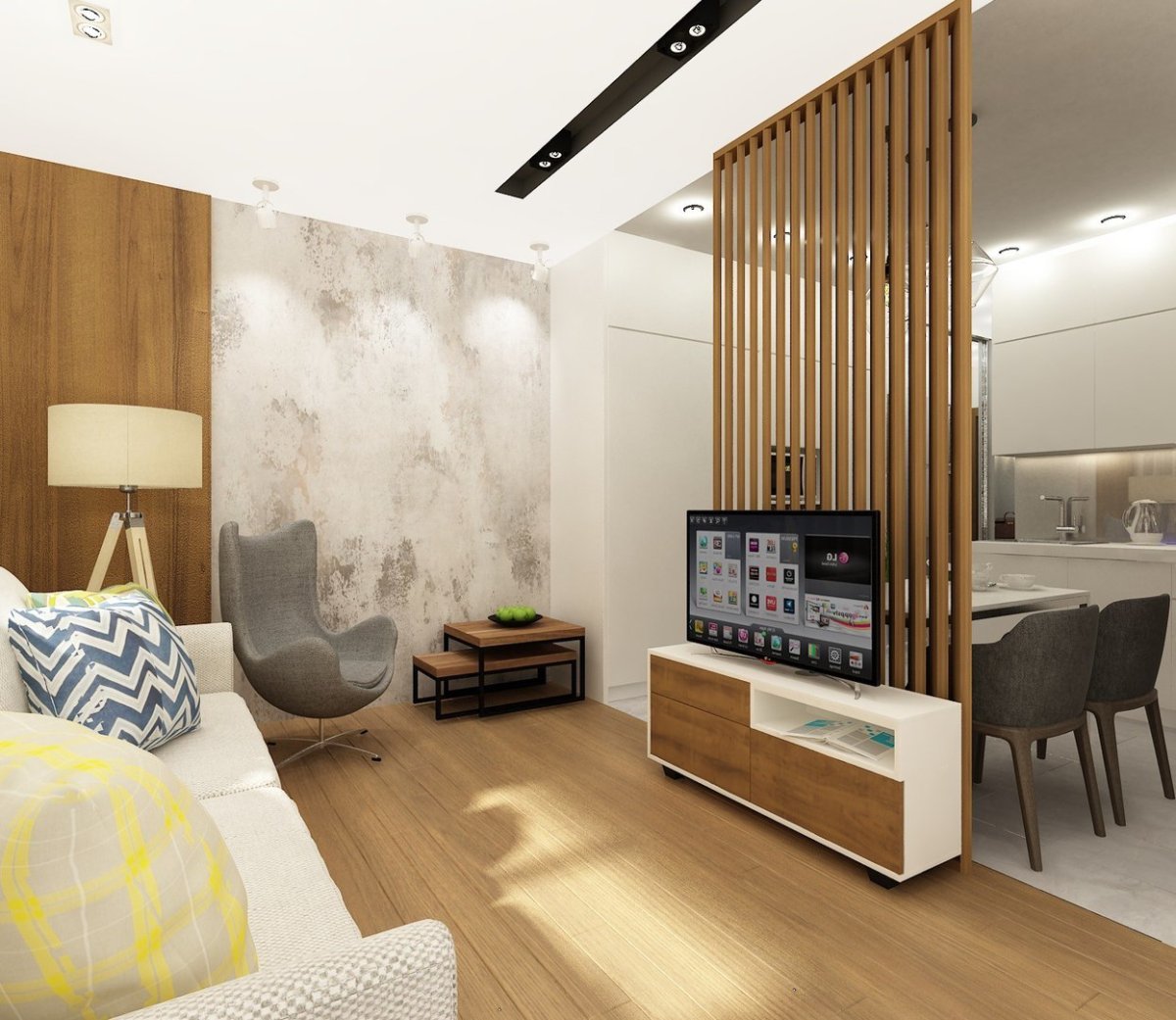 Кухня гостиная с перегородкой под телевизор