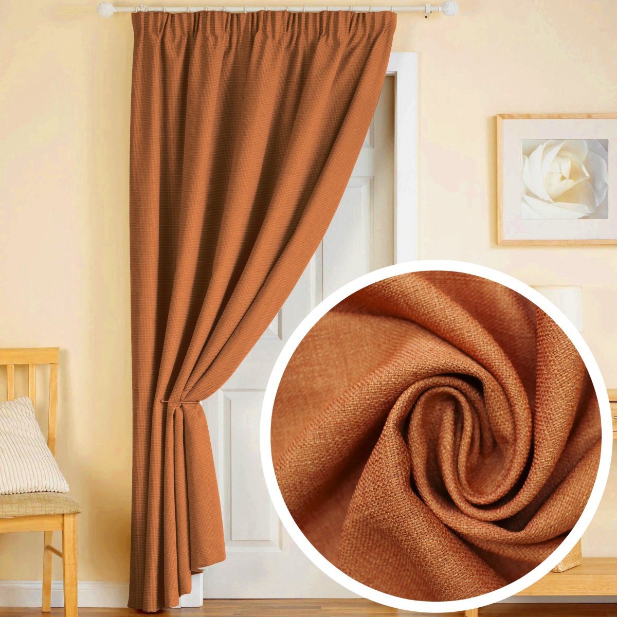 Терракотовые шторы в интерьере гостиной в современном стиле